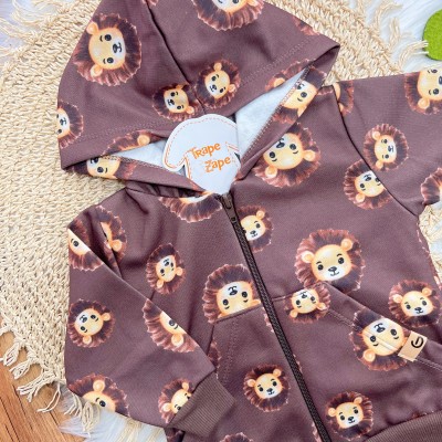 Conj. Jaqueta com Capuz Leões e Calça de Moletom - Marrom